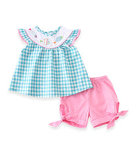Fish Embroidered Gingham Plaid Smocked Top + Purple Shorts Set - ARIA KIDS