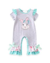 Grey Mint Bunny Rabbit Floral Baby Romper - ARIA KIDS