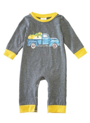 Truck Load of Pumpkins Baby Boy Grey Romper - ARIA KIDS