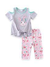 Grey Mint Bunny Rabbit Cold Shoulder Top + Pink Floral Capri Set - ARIA KIDS