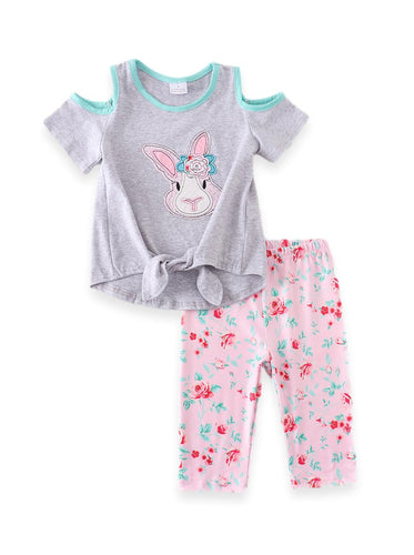 Grey Mint Bunny Rabbit Cold Shoulder Top + Pink Floral Capri Set - ARIA KIDS