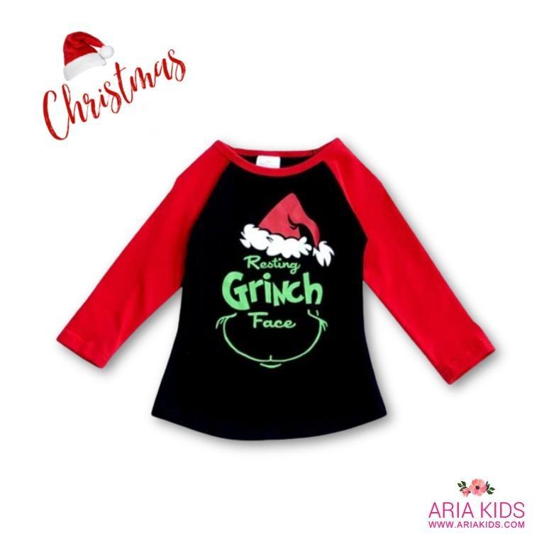 WHOLESALE CLEARANCE BUNDLE - Resting Grinch Face Santa Hat Raglan Shirt - ARIA KIDS