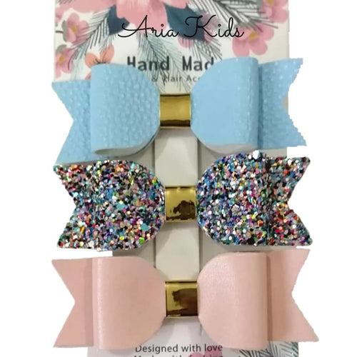 BLUE & PINK GLITTER HAIR BOW 3-PIECE GIFT SET - ARIA KIDS