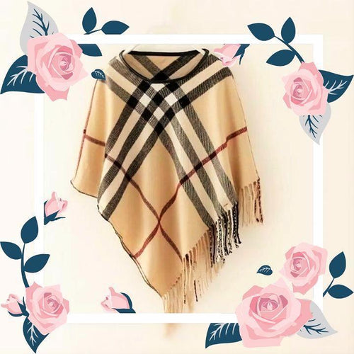 CAMEL BROWN - ARIANA Toddler Girl Round Neck Plaid Poncho - ARIA KIDS