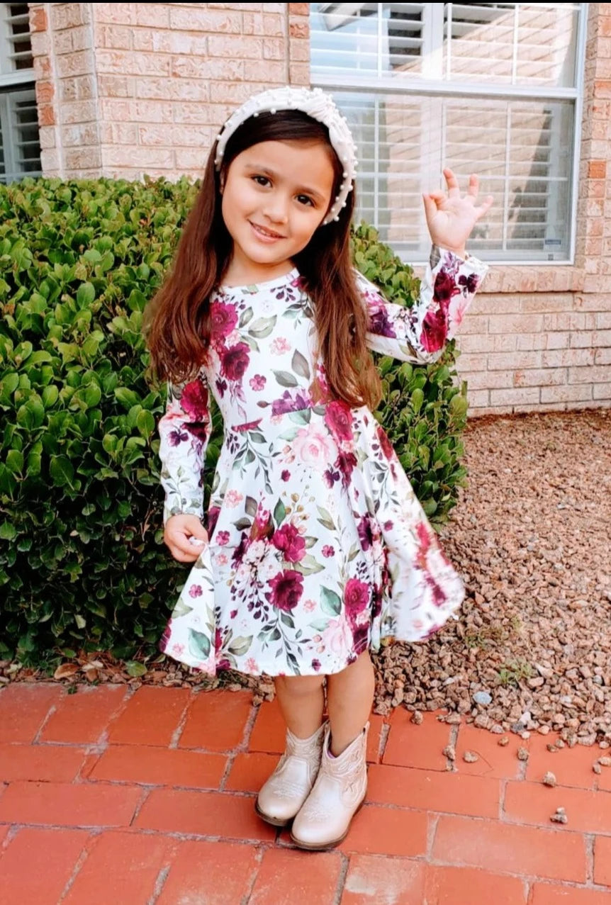WHOLESALE BUNDLE - Mia Maroon Floral Print Twirl Dress (8 Pieces) - ARIA KIDS