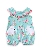 Mint Floral Bunny Applique Pink Pom Pom Romper - ARIA KIDS