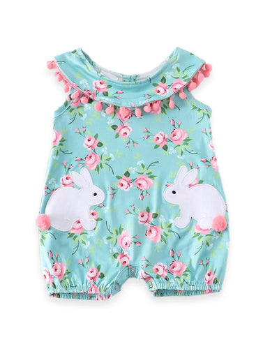 Mint Floral Bunny Applique Pink Pom Pom Romper - ARIA KIDS