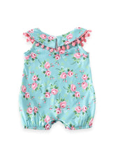 Mint Floral Bunny Applique Pink Pom Pom Romper - ARIA KIDS