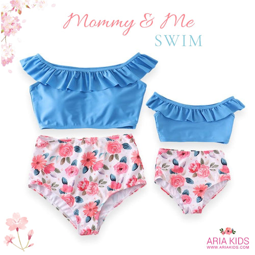 Mommy & Me Sky Blue Floral Ruffle 2-Piece High Waisted Swimsuits - ARIA KIDS