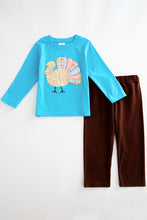 Blue Thanksgiving turkey applique & pants boy outfit