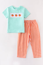 Blue & orange smocked pumpkin plaid pants set