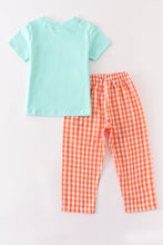 Blue & orange smocked pumpkin plaid pants set
