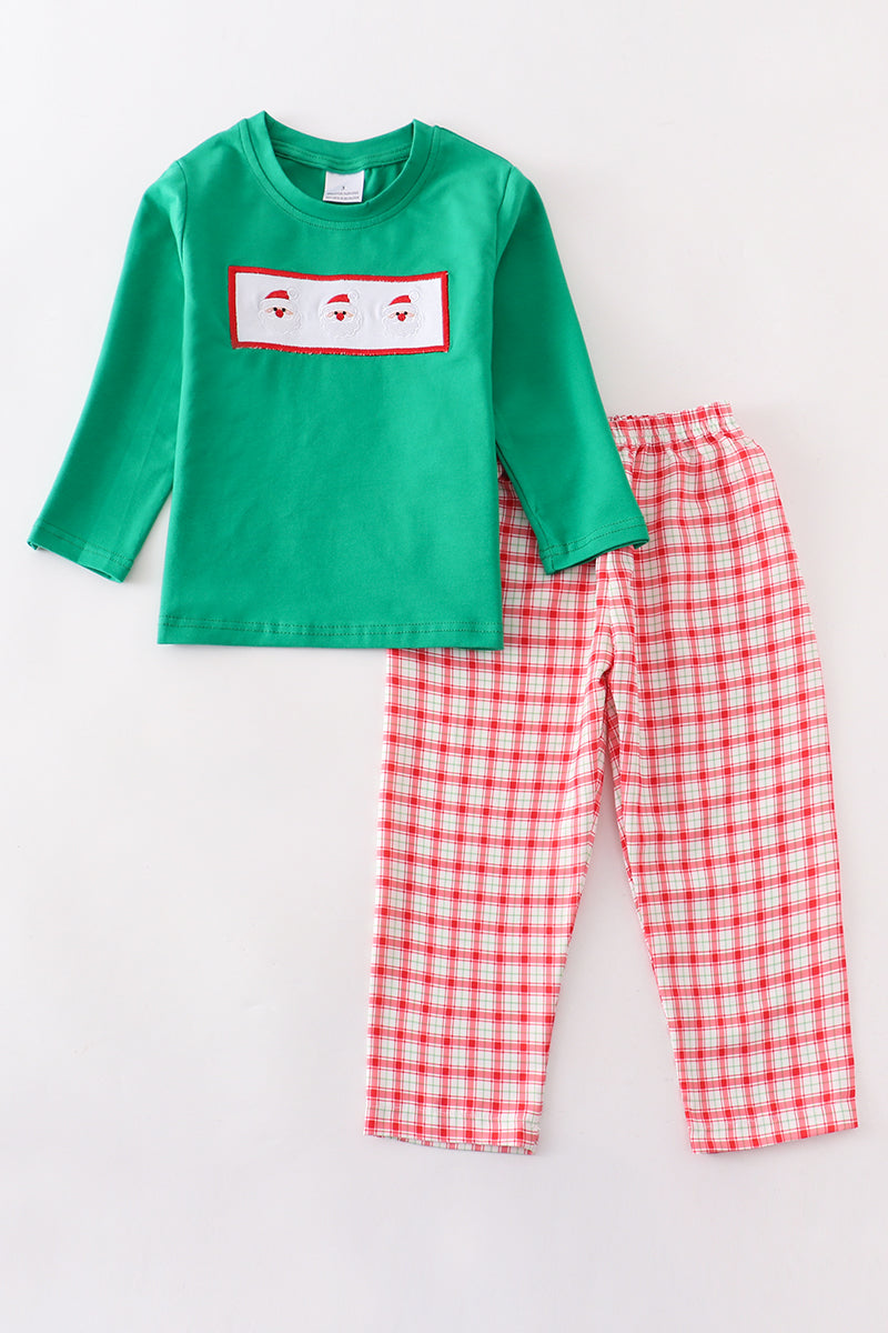 Green santa smocked plaid pants set