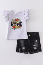 Grey bee "kind" ruffle denim shorts set