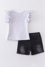 Grey bee "kind" ruffle denim shorts set
