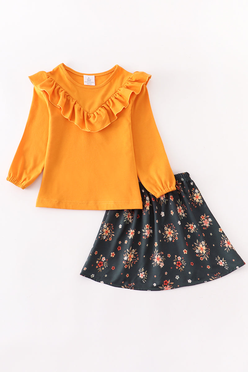Mustard floral ruffle  skirt set