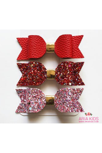Red / Pink Glitter Hair Bow 3-Piece Gift Set - ARIA KIDS