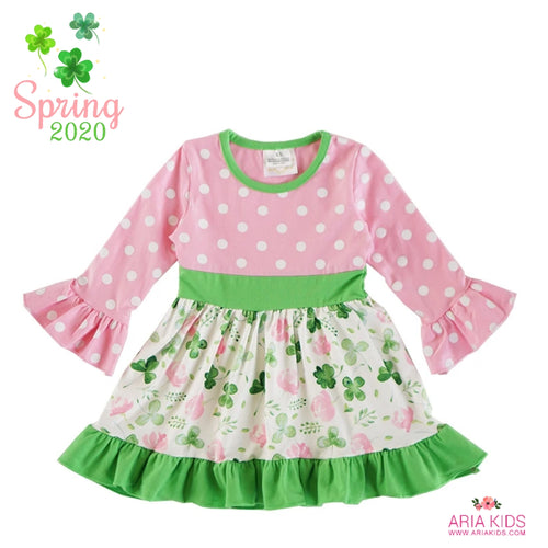 Pink Polka Dot Green Clover Dress - ARIA KIDS