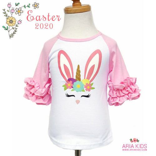 Pink Unicorn Bunny Raglan Ruffle Shirt - ARIA KIDS