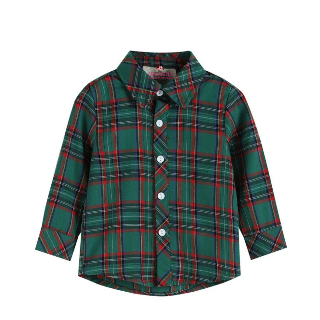 Green Tartan Plaid Boys Shirt - ARIA KIDS