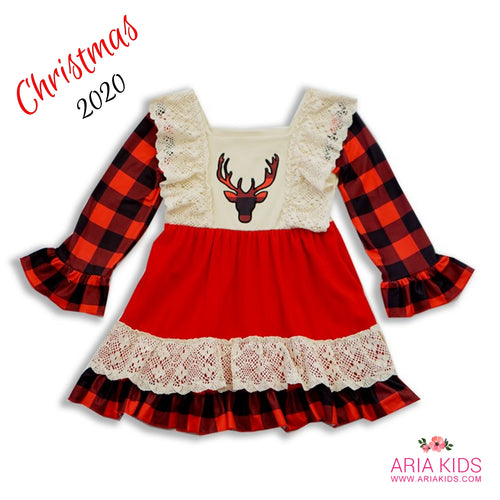 Plaid Deer Bell Sleeved Lace Christmas Dress - ARIA KIDS