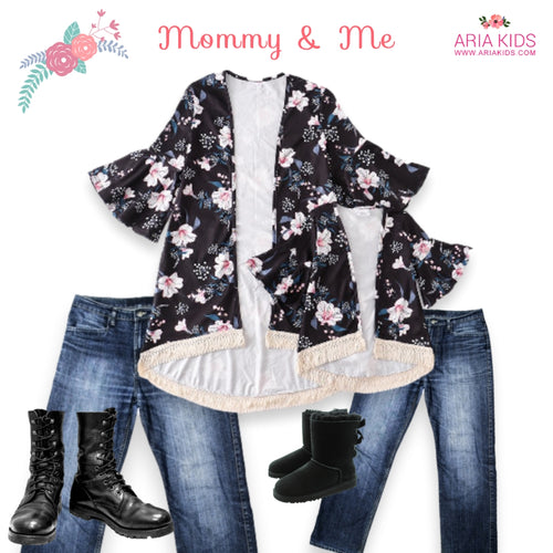 Riya Mommy & Me Black & Pink Floral Fringe Cardigan - ARIA KIDS