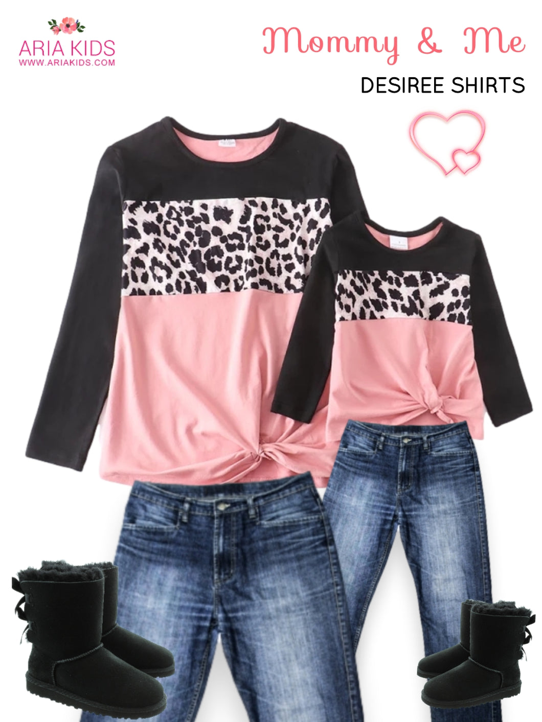 Desiree Mommy & Me Leopard Front Knot Pink & Black Shirts - ARIA KIDS