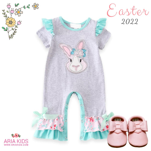 Grey Mint Bunny Rabbit Floral Baby Romper - ARIA KIDS