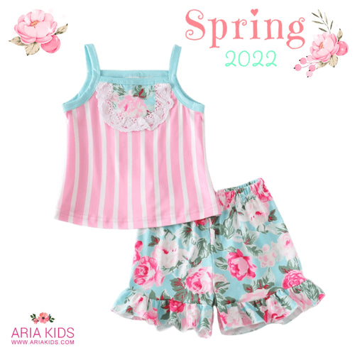 Candy Pink Stripes Top & Floral Shorts Set - ARIA KIDS