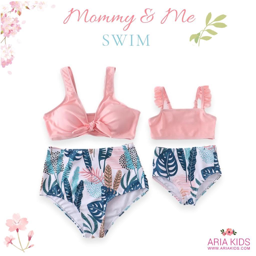 Mommy & Me Blush Pink Botanical High Waisted 2-Piece Swimsuit (Pre-order) - ARIA KIDS
