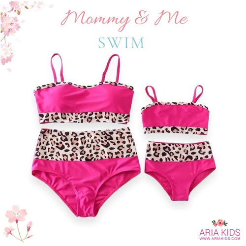 Mommy & me Fuschia Pink & Leopard High Waisted 2-Piece Swimsuit (Pre-order) - ARIA KIDS