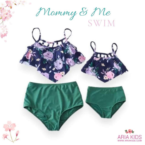 Mommy and Me Green & Blue Floral High Waisted 2-Piece Swimsuits - ARIA KIDS