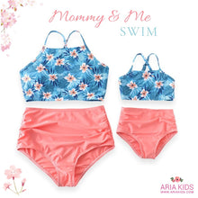 Mommy and Me Blue & Peach Tropical Floral High Waisted 2-Piece Swim Suit - ARIA KIDS