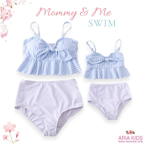 Mommy and Me Blue & White Striped High Waisted 2-Piece Swim suit - ARIA KIDS