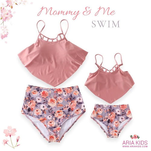 Mommy & me Blush Pink Floral Ruffle High Waisted 2-Piece Swimsuit - ARIA KIDS