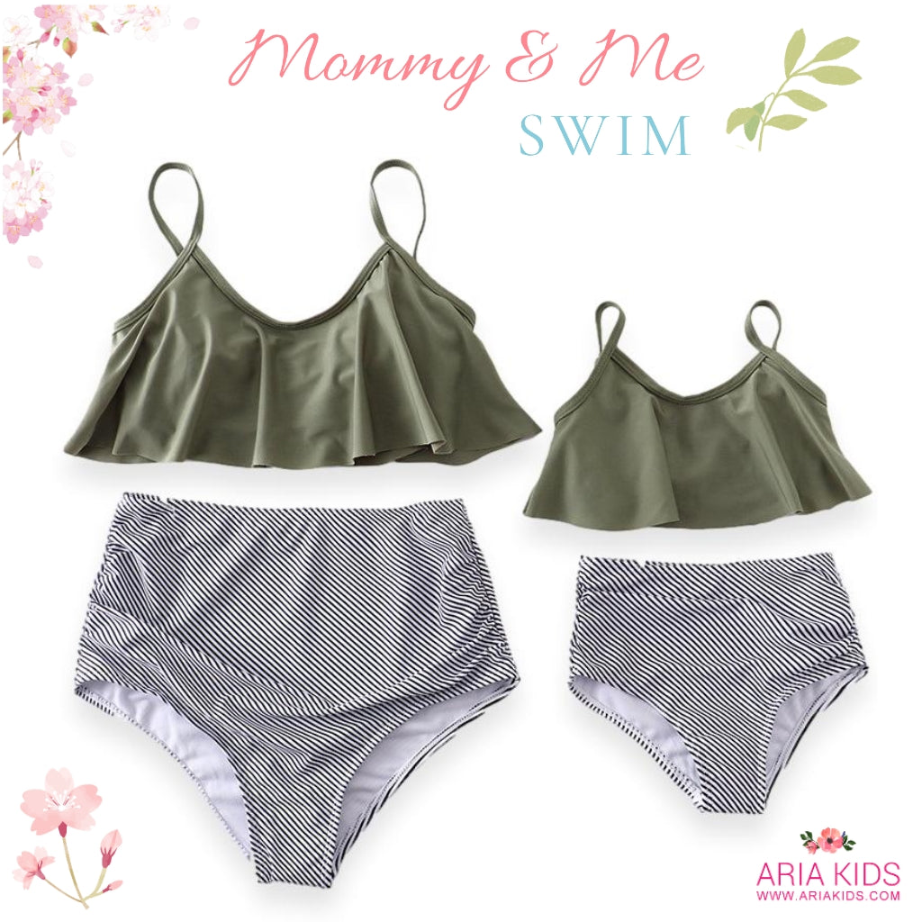 Mommy & Me Olive Green & Stripes High Waisted 2-Piece Swimsuit