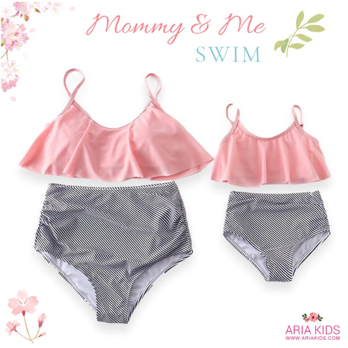 Mommy & me Blush Pink Stripe Ruffle High Waisted 2-Piece Swimsuit - ARIA KIDS