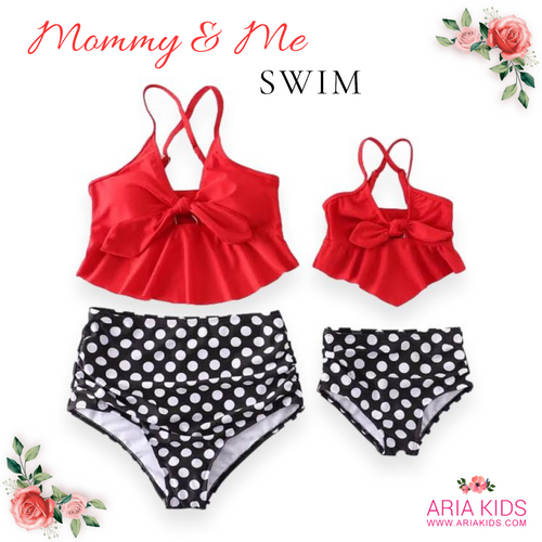 Mommy & Me Red Black & White Polka Dotted High Waisted 2-Piece Swimsuit (Pre-order) - ARIA KIDS