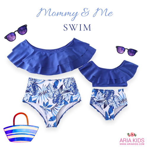 Mommy & Me Navy Blue Botanical High Waisted 2-Piece Swimsuit (Pre-order) - ARIA KIDS