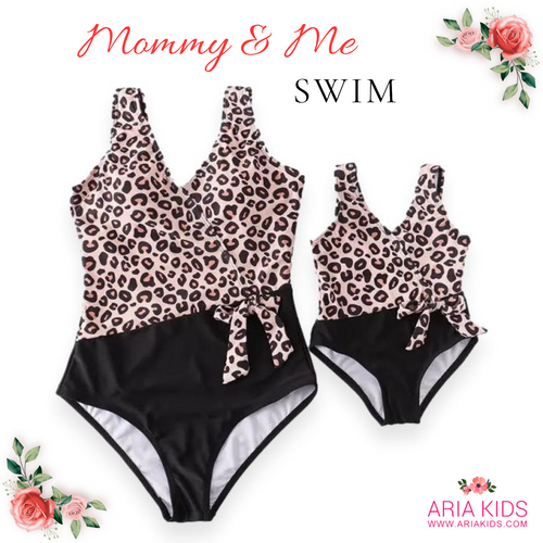 Mommy & Me Black Leopard Bow Swimsuits (Pre-order) - ARIA KIDS