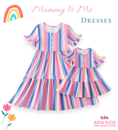 Mommy & Me Pastel Rainbow Striped Tiered Dress (Pre-order) - ARIA KIDS