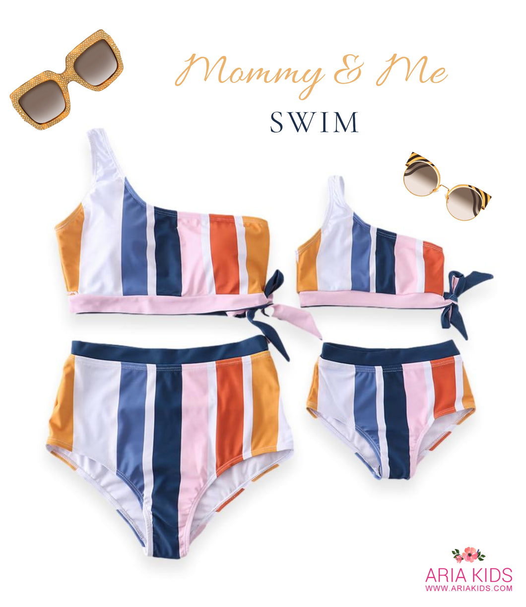 Mommy & Me Retro Stripe Print High Waisted 2-Piece Toga  Swimsuit (Pre-order) - ARIA KIDS