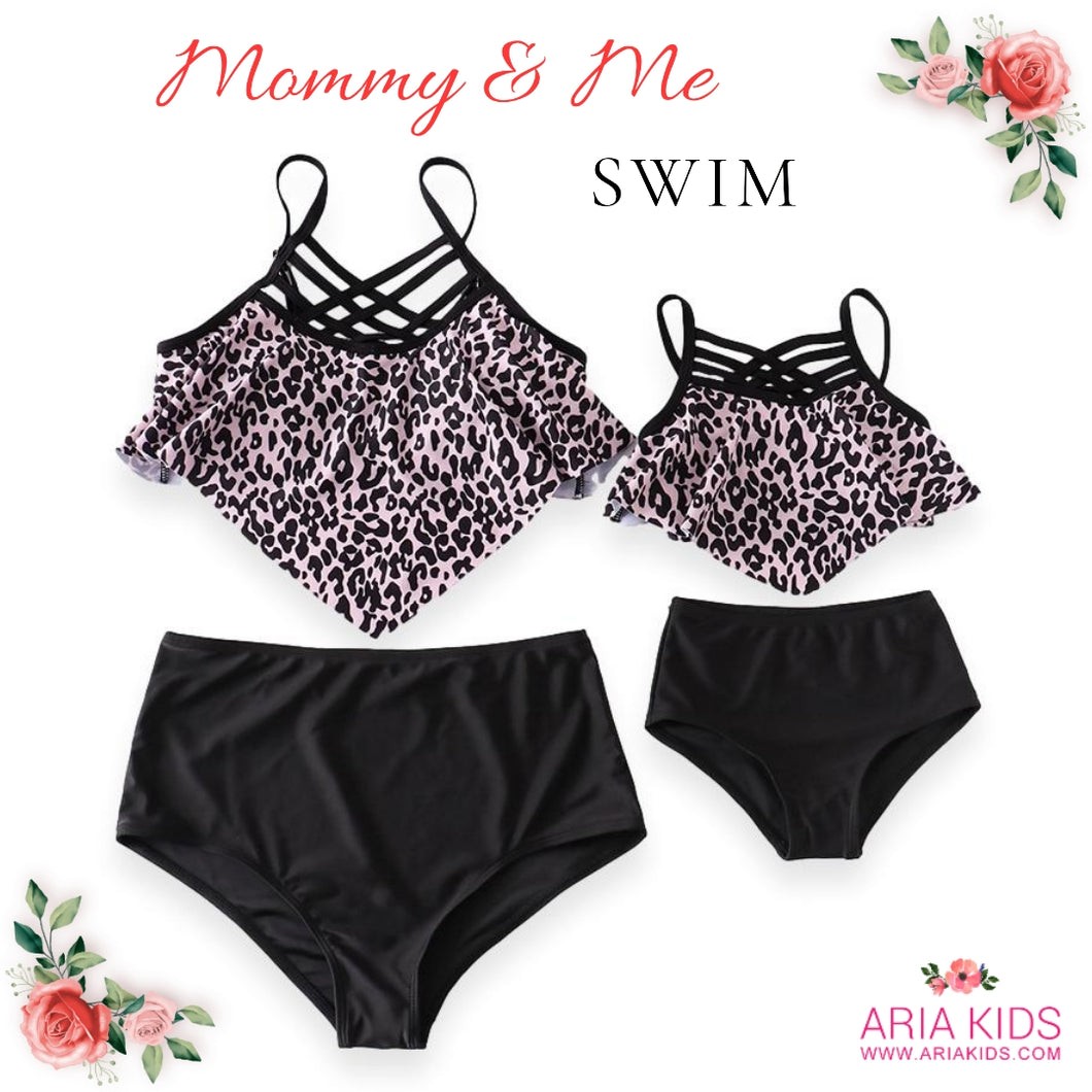Mommy & Me Black Leopard Cut Out High Waisted 2-Piece Swimsuit (Pre-order) - ARIA KIDS