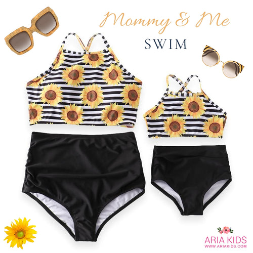 Mommy & Me Sunflower & Stripes High Waisted 2-Piece Swimsuit (Pre-order) - ARIA KIDS