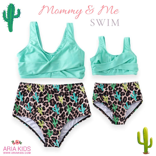 Mommy & Me Mint Cactus Print High Waisted 2-Piece Swimsuit (Pre-order) - ARIA KIDS