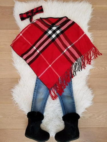 RED - ARIANA Toddler Girl Round Neck Plaid Poncho - ARIA KIDS