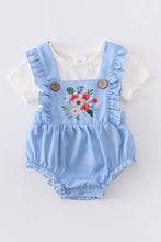 Blue floral applique ruffle baby romper