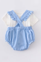 Blue floral applique ruffle baby romper