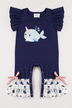 Navy whale applique ruffle baby romper