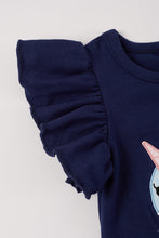 Navy whale applique ruffle baby romper